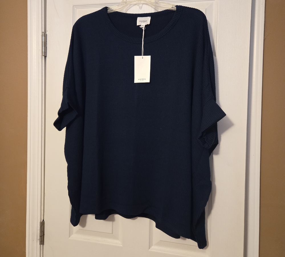 Andree Dark Blue Short Sleeve Ribbed Sweater